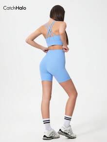 Quần short yoga nữ cạp cao không đường may, co giãn 4 chiều, nâng mông, nhẹ và ôm sát, thấm hút mồ hôi, định hình vòng ba, thoáng khí, nhanh khô. - Màu xanh nhạt - Xem 8