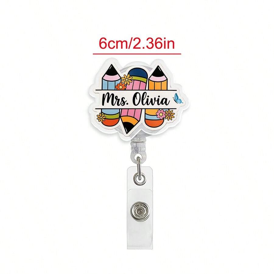 1个个性化可伸缩教师证件夹，可爱铅笔和花朵设计，返校礼物，定制教师姓名牌，创意教师礼物，教师节礼物，节日日历