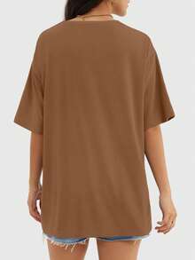 Speed mate Solid Color Dropped Shoulder Loose T-Shirt, Unisex - Brown - View 5
