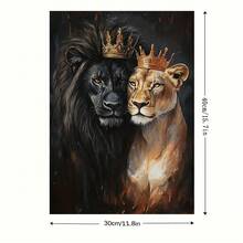1 件，大胆设计 | 皇家狮子无框帆布艺术版画 - 黑色和金色皇冠母狮，带有雄伟的红橙色调，非常适合家庭、办公室或咖啡店装饰，无框架