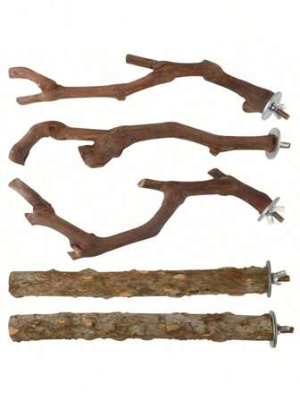 5PCS Bird Perch Stand Natural Wooden Parrot Stand Branch,3 Grape Wood Perch,2 Stand,Paw Grinding Fork Parakeet Chewing Stick Exercise Training Branches For Cockatiels,Small Medium Birds