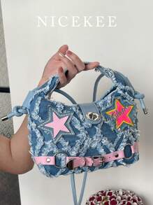 Y2K 千禧甜美酷炫风格手提包，粉色星星装饰单肩包，街头时尚浅蓝色菱格流苏做旧斜挎包，小众设计女包，适合音乐节和演唱会日常佩戴