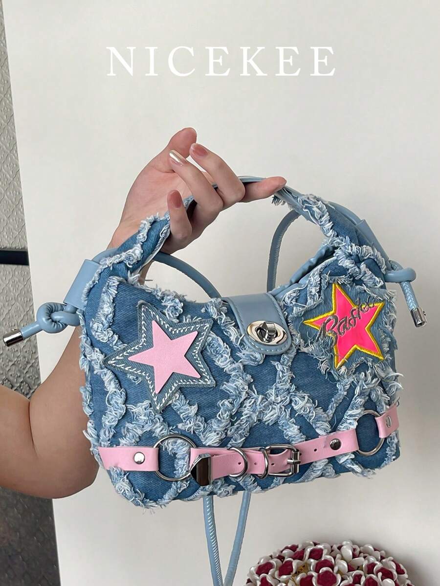 Y2K 千禧甜美酷炫风格手提包，粉色星星装饰单肩包，街头时尚浅蓝色菱格流苏做旧斜挎包，小众设计女包，适合音乐节和演唱会日常佩戴