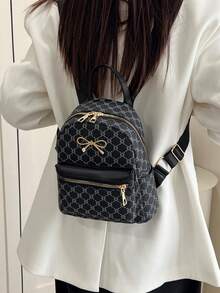 时尚蝴蝶结经典花卉印花女士背包手提包托特包拉链封口多功能休闲单肩包 - 黑色 - 查看 4