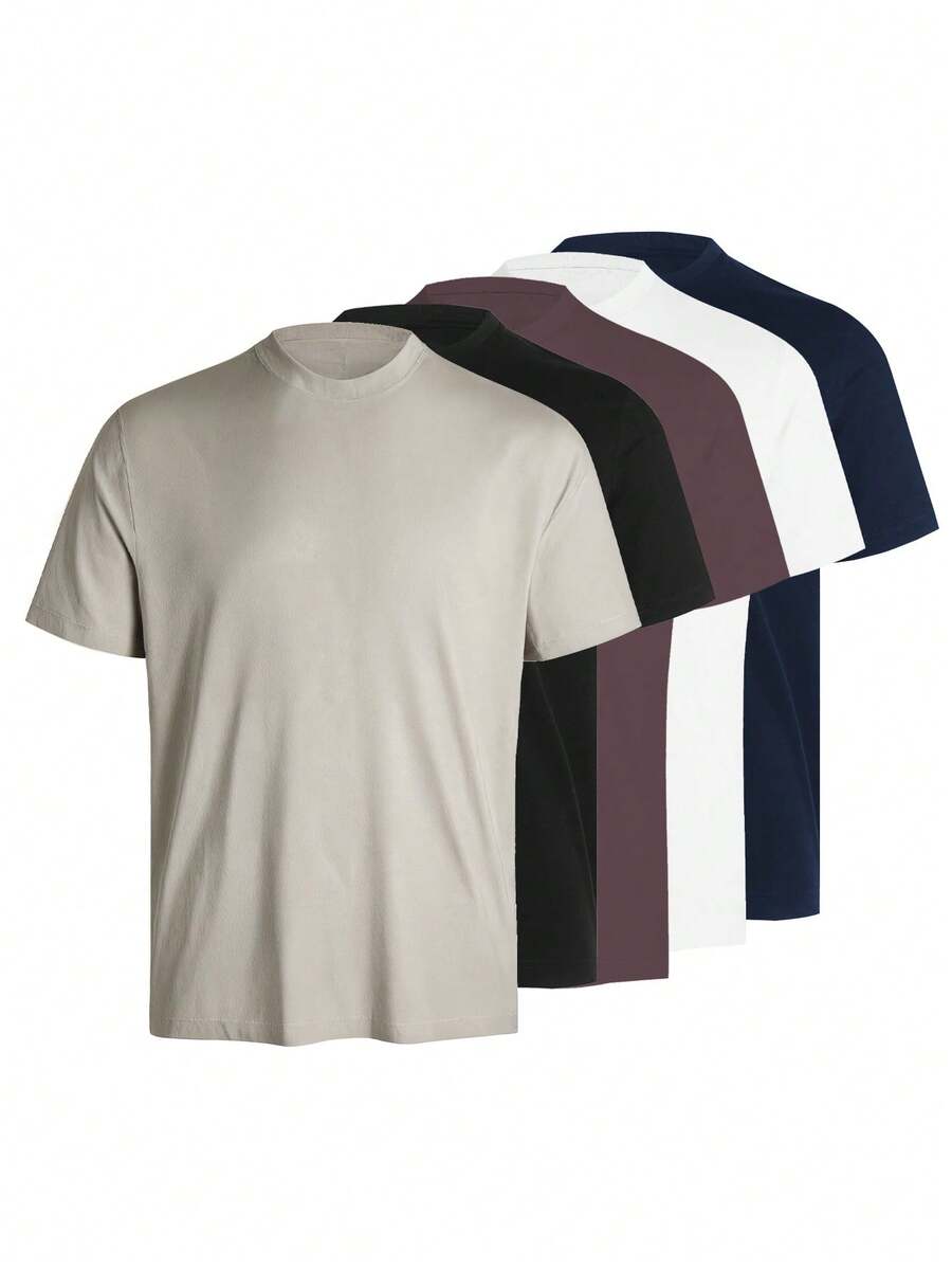 Men's 1Pc  Classic Cotton T-Shirt, 220g Weight, 100% Cotton, Comfortable To Wear, Very Suitable For Running, Leisure Or Outdoor Entertainment, Versatile Cotton Solid Color Short-Sleeved | Skin-Friendly And Comfortable Holiday Gift, A Certain Thickness Is Suitable For Summer - 卡其色 - 查看 1