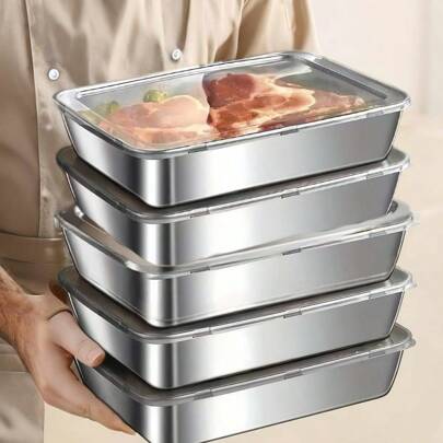Buy Three Stainless Steel Fresh-Keeping Boxes And Get Two Free, Stainless Steel Food Storage Box For Kitchen Storage Box Refrigerator Food Storage Box Outdoor Picnic Lunch Box