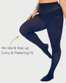 Plus Size Tights For Women, Ultra Soft Solid Color Semi-Opaque Pantyhose, Nylon High Waist Stockings 1X 2X 3X 4X - Xanh nước biển - Xem 4