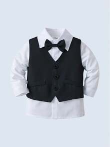 BOARNSEORL 3pcs Baby Boys Gentleman Outfit - White Shirt With Bow Tie And Vest, Shorts, Fashionable And Handsome For 1st Birthday, Full Moon Party, Outdoor Wedding, Page Boy Attire - Black - View 4