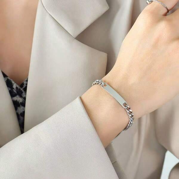 1pc Stainless Steel Gold/Silver Color Curb Chain Bracelet, 6mm Or 9mm Width, 20cm Length, Couple Titanium Bangle Jewelry, Suitable For Men And Women