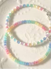 1pc Handmade Rainbow Beaded Bracelet With Cat Eye Stone Accents, Cute Design For Girls (Actual Size May Vary)
