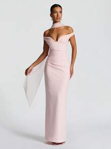 1pc Solid Color Off Shoulder Elegant Waist-Cinched Flowy Cocktail Party Dress, Suitable For Wedding, Cocktail Party Spring Pink - Pink - View 5