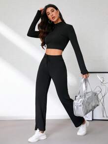 女士高腰直筒瑜伽裤，收腹提臀，抽绳设计，弹力舒适，适合健身房、跑步、旅行和户外健身活动 - 黑色 - 查看 6