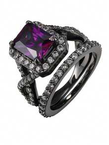 طقم خاتم خطوبة أنيق من الأحجار الكريمة البنفسجية والزركونيا، قطع وسادي اصطناعي، خواتم زفاف، مجوهرات للنساء