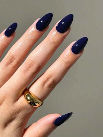 30pcs Almond Shaped Plain Retro Navy Blue Nail Tips, Suitable For Women Everyday Wear To Enhance Elegance