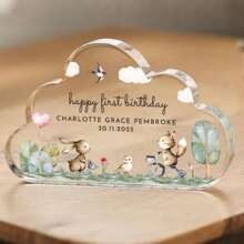 Presente Personalizado de Batizado Placa Acrílica em Formato de Nuvem com Animais, Lembrança Personalizada com Nome, Data, Menino ou Menina, Presente de Batismo