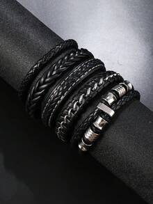 5 件/套新款男士时尚皮革手链，多层编织磁扣腕带组合适合日常佩戴，礼物