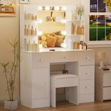 Bedroom Dressing Table Vanity Desk W/ LED Lights Mirror & Stool Makeup Desk Set - White - View 8