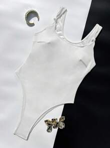 1pc Women's White Twist Front One-Piece Swimsuit - White - View 4