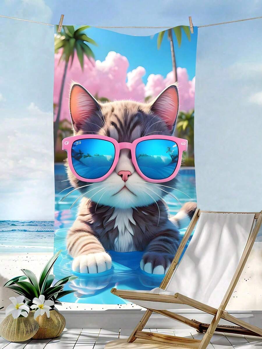 1 Stück Strandtuch, Strandtuch mit Cartoon Katzen Design, großes Strandtuch, Stranddecke, Mikrofaser Handtuch, 2-in-1 Oversized Stranddecke aus Polyester, sand-resistent und schnell trocknend, Sommer Reiseaccessoires, für Strand, Camping, Badezimmer, Schwimmbad, Strandaccessoires, Badetuch, Kreuzfahrt Accessoires, Hawaii