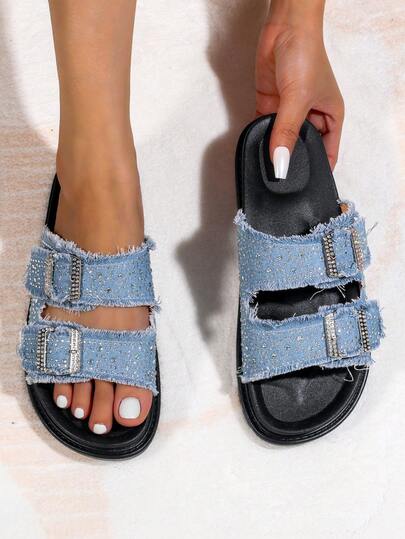 Women's Summer Beach Holiday Sandals, Outdoor Casual Slippers, Home Anti-Slip Shoes, Retro Denim Fabric Travel Shoes, Fringed Canvas Slip-On Sandals With Double Buckle