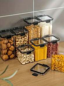 With Lid Food Storage Container, Transparent Plastic Airtight Food Canister, Moisture Proof Transparent Airtight Preservation Box, Suitable For Grains, Rice, Pasta, Tea, Nuts And Coffee Beans, Plastic Food Preservation Jar, Household Kitchen Supplies - Black - View 6