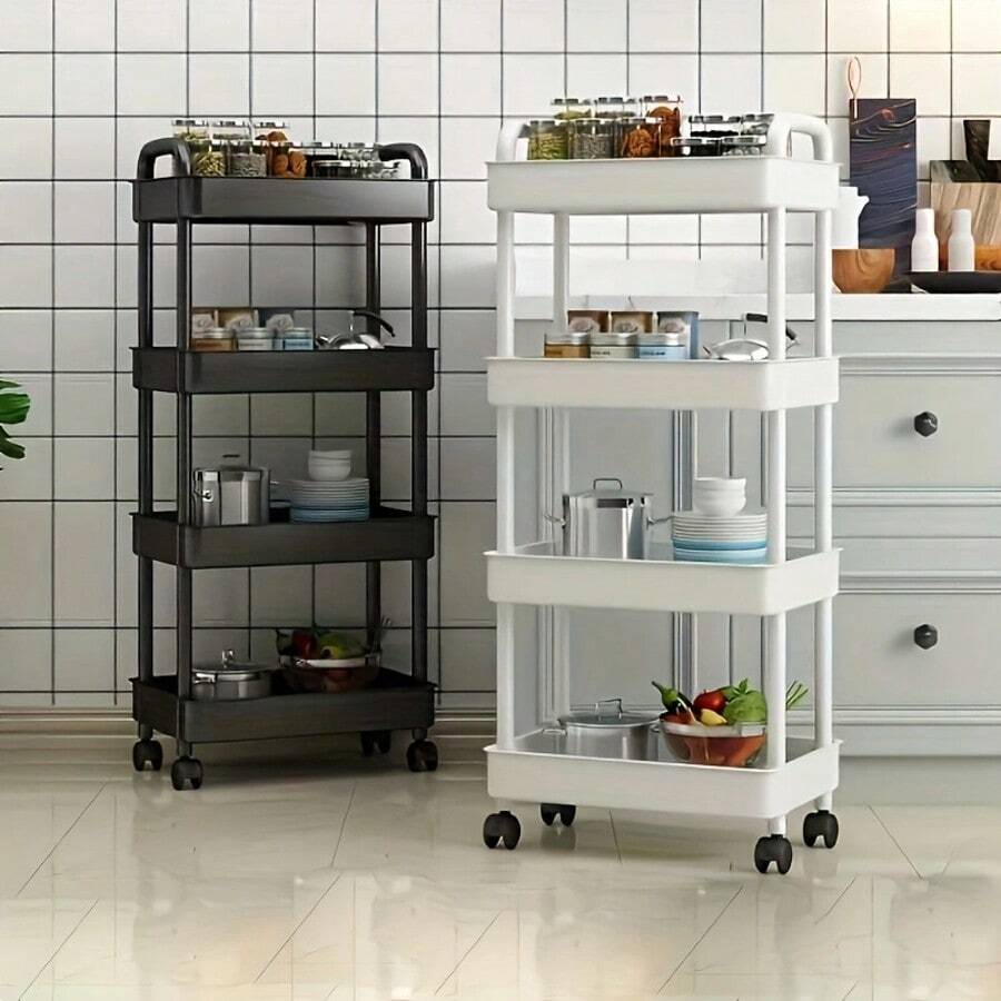 3-Layer Plastic Storage Trolley Rack With Wheels - Multipurpose Kitchen, Living Room, Bedroom, Bedside Organizer Cart For Snacks And More - Durable Mobile Utility Cart - 黑色 - 查看 1