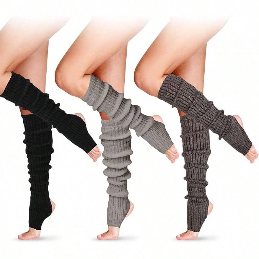 Long Leg Warmers Women 24 Inch Over Knee Knit Ribbed Leg Warmer Stirrup Yoga 80s Party Dance Ballet Supply - Hitam, Abu-abu, Abu-abu Tua - View 1