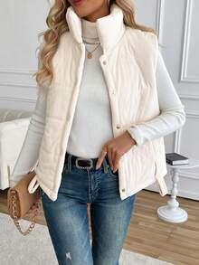 Women's Stand-Up Collar Vest, Sleeveless Button-Down Cotton Jacket, Quilted, With Pockets, Casual And Versatile, Suitable For Ladies' Autumn And Winter Wear