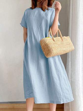 Women's Solid Color Mid-Length Casual Dress With Short Sleeves, Minimalist Style Suitable For Spring, Summer, And Autumn