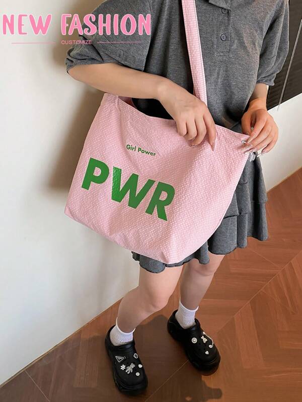 Drawstring New Model 2025 Large Capacity One Shoulder Canvas Bag, Japanese Letter Print Nylon Handbag Tote Commuter Bag