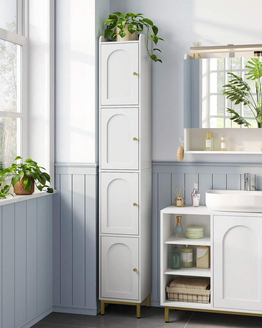 HEXCELEN Bathroom Cabinet, Tall Bathroom Cabinet With 4 Doors, Slim Bathroom Cabinet, Narrow Tall Bathroom Cabinet, Adjustable Shelves, Living Room, Kitchen, Bedroom, 28 X 28 X 180 Cm, White - 白色 - 查看 1