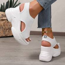 简约休闲针织露趾系带厚底坡跟凉鞋，女士厚底运动跑步凉鞋 - 白色 - 查看 5