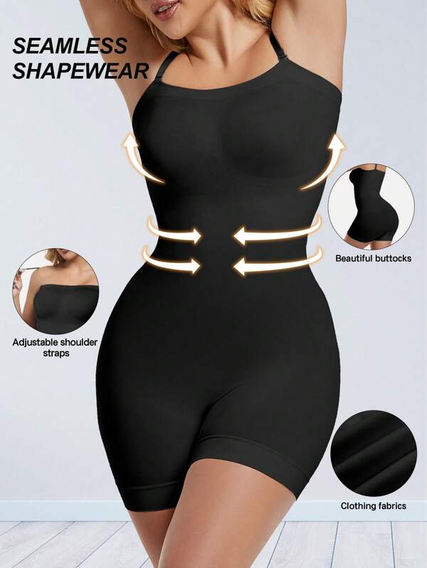 Women's Solid Color Casual Compression Bodysuit, Knit Fabric With Tummy Control, High Elasticity