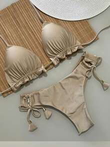 Triangle Bikini With Double String Panties - Màu be - Xem 1