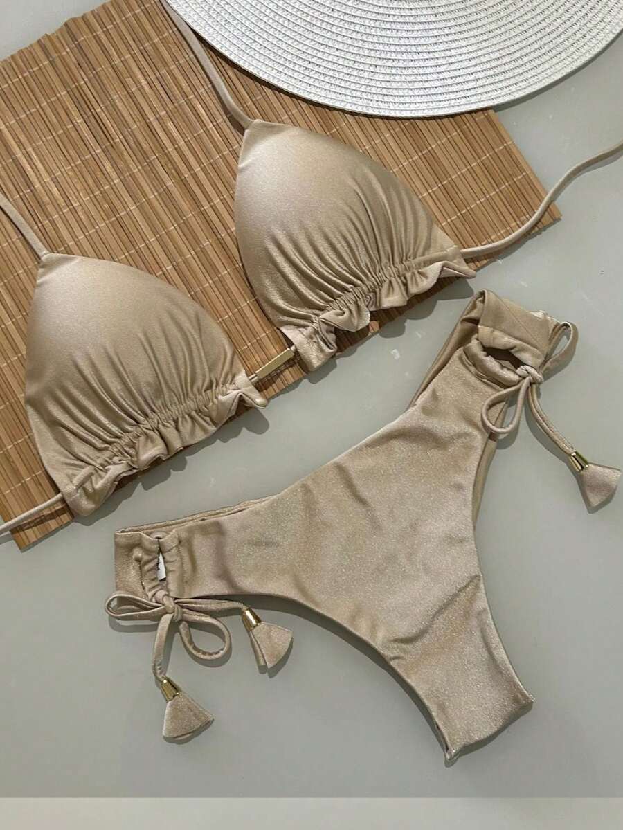 Triangle Bikini With Double String Panties - Màu be - Xem 1