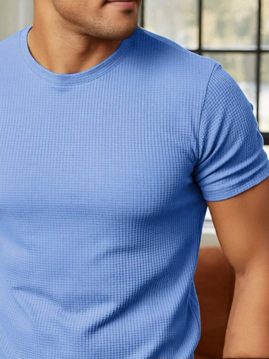 Textured Casual Basic Straight Textured Premium Knit T-Shirt - Royal Blue - View 1