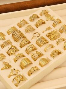 16 件套不锈钢金色 3D 图案混合优质戒指 - 金色 - 查看 1