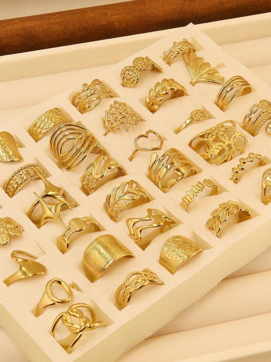 16 件套不锈钢金色 3D 图案混合优质戒指 - 金色 - 查看 1