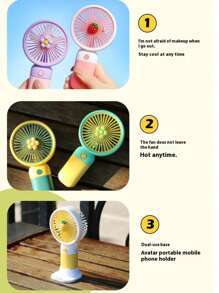 1 pezzo Ventilatore portatile mini alla moda con motivo a fragola, fiore e frutta, multifunzionale come supporto per telefono, ricaricabile USB, regalo a tema cartoni animati, accessorio essenziale per rinfrescarsi all'aperto