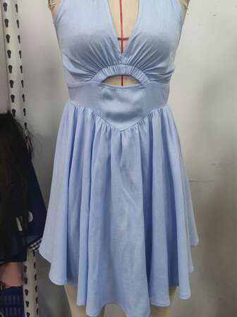 女士浅蓝色腰部镂空吊带系带露背性感迷你连衣裙、荷叶边连衣裙沙滩装、女士度假装、夏季太阳裙、仿亚麻连衣裙西装女士、狂欢装节日