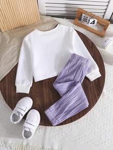 2pcs/Set Girls Letter Printed Long Sleeve Sweatshirt And Striped Pants Casual Outfit, Autumn