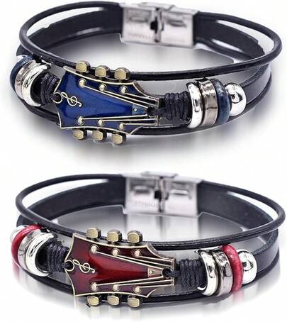 2 Set Retro Faux Leather Guitar Bracelet, Zinc Alloy Rock Music Guitar Genuine Leather Bracelet, Punk Guitar Bracelet Men, Guitar Handmade Braided Multi-Layer Wrap Bracelet