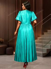 Women Long Party Dresses Elegant Shiny Pleated Short Lantern Sleeves V Neck Classy Curve Ladies Belly Cover Occasions,Outfit For Date,Party,Wedding Dress,Bridesmaid Dress,Graduation Dress,Wedding Guest Back To School