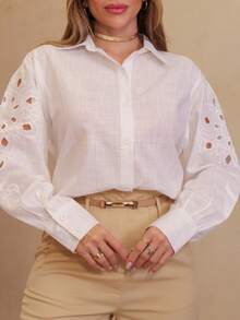 Women's Linen Shirt With Flower Embroidery Detail On Sleeve/YW222-18 - 白色 - 查看 4