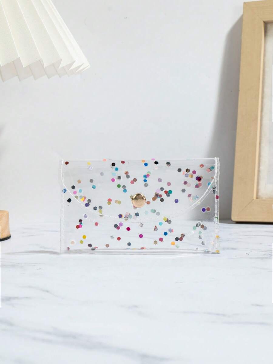 1 buc. Portofel transparent cu paiete din PVC, multicolor, cu capse, drăguț, pentru monede și carduri