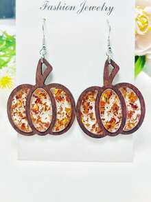 2pcs Fashionable Multi-Color Halloween Pumpkin Splice Minimalist Wooden Acrylic Pendant Earrings For Women, Suitable For Party, Halloween Event