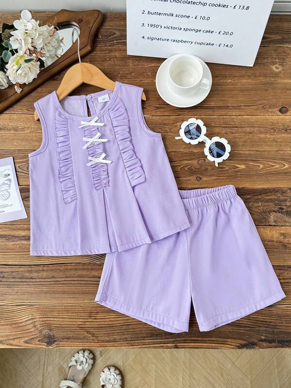 2pcs Spring/Summer Casual Outfit -Sleeveless Sweet Top With Bow Decor And Lace Design, Matched With Solid Color Shorts, Outdoor Casual