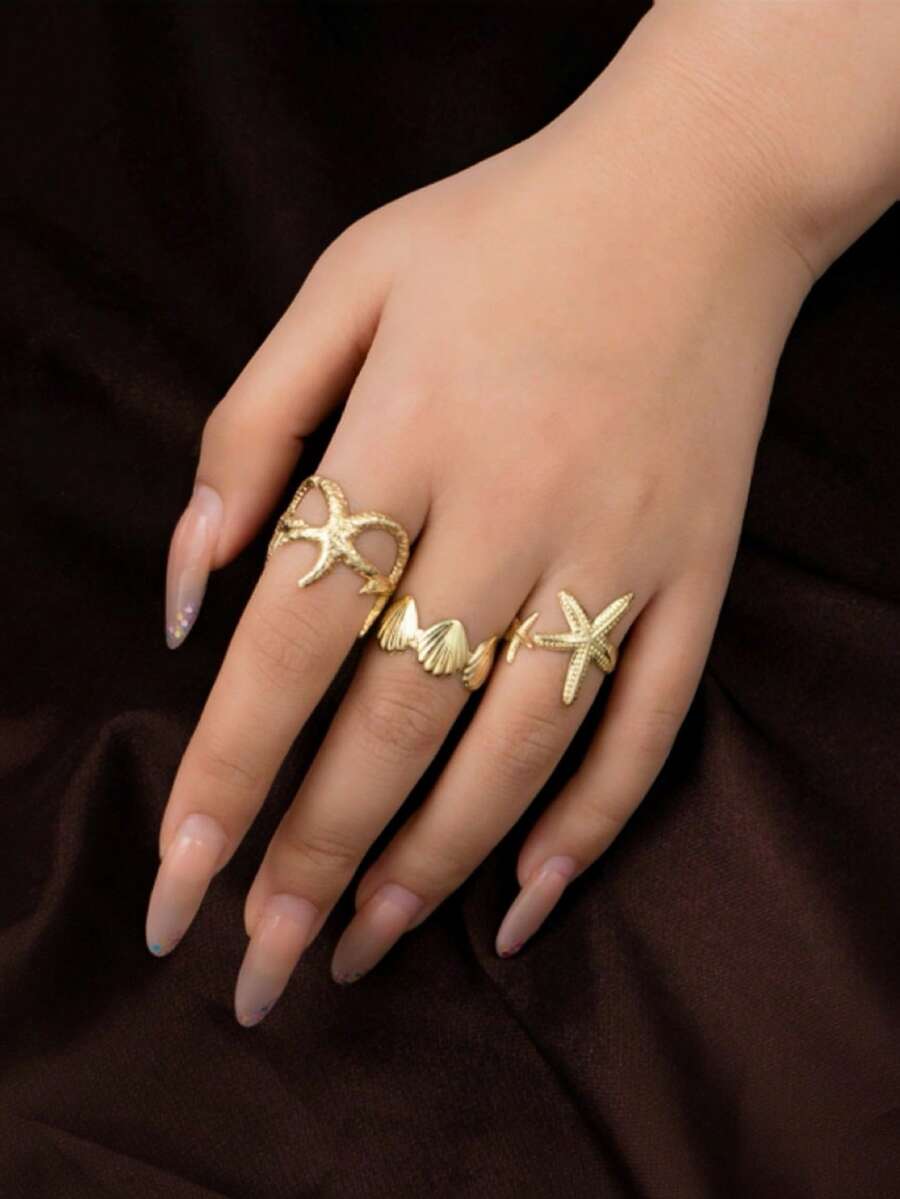 3pcs/Set Summer Vacation Beach Starfish Pattern Gold Ring Set (Women's) - Gold - View 1