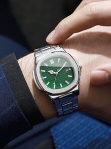 1pc Men's Fashion Simple Square Dial Calendar Business Quartz Watch With Steel Strap, Casual (Does Not Include Watch Box)