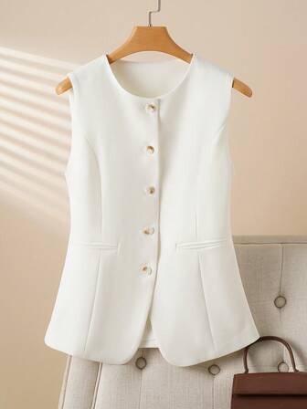 Women's Solid Color Fashion Jacket, Round Neck, Button Front, Fake Pockets, Stylish Casual, Slim Fit, Spring/Autumn Thin Outerwear